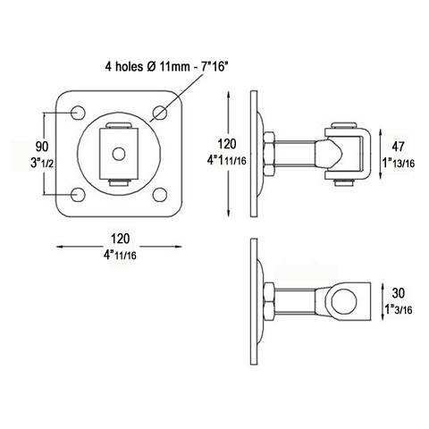 Gond charnire rglable M27 pour tube 50x50mm sur platine  visser pour rglage horizontal Gond