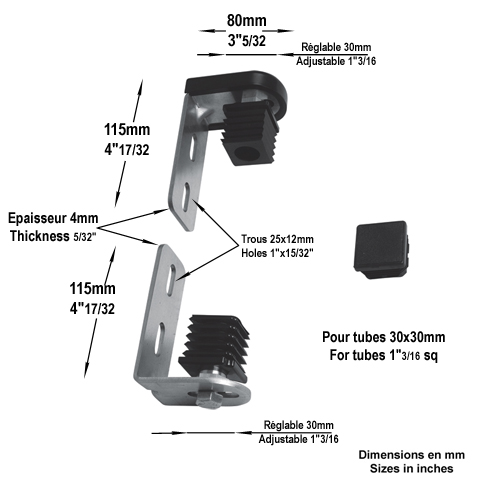 Ensemble gond-pivot tube 30x30mm avec nylon  glisser dans tube carr Ensemble gond pivot nylon