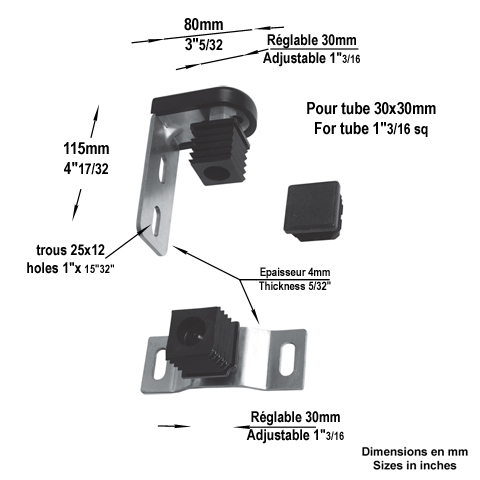 Ensemble gond-pivot tube 30x30mm avec nylon Pivot  fixer au sol Ensemble gond pivot nylon Pivo