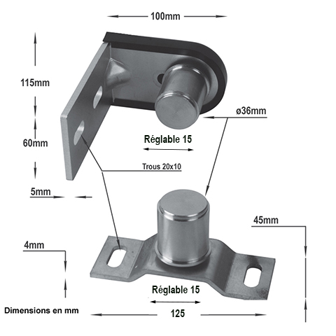 Ensemble querre platine pour 40x40mm gond-pivot  bille  fixer au sol Ensemble gond pivot nyl