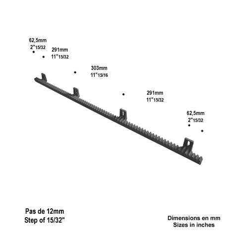 Crmaillre polyamide 1010mm renforce pour portail coulissant 4 fixations Crmaillre polyamid