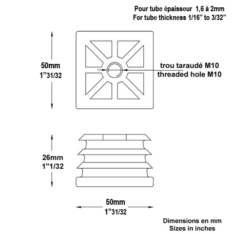 Bouchon nylon 50x50mm taraud M10 pour tube carr paisseur entre 1 et 2 mm Perc Bouchon plast