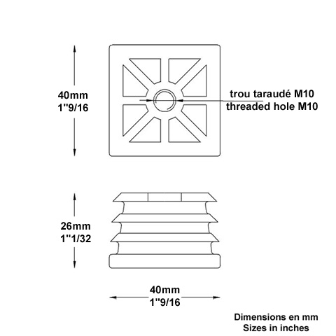 Bouchon nylon 40x40mm taraud M10 pour tube carr paisseur entre 1 et 3 mm Perc Bouchon plast