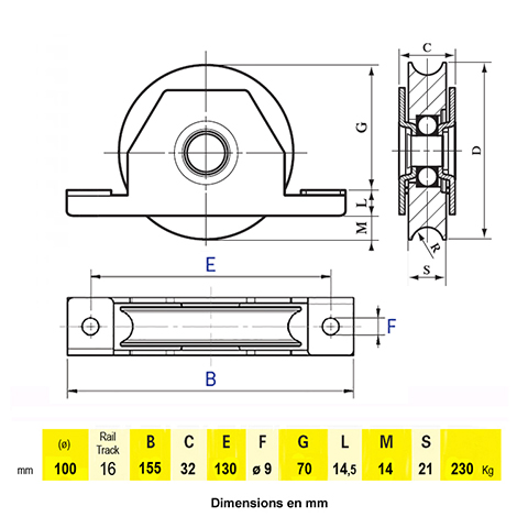 Roulette  encastrer 100mm gorge en U bandage polyamide pour portails coulissants A encastrer 