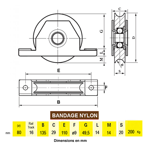 Roulette  encastrer 80mm gorge en U bandage polyamide pour coulissants A encastrer Roulette