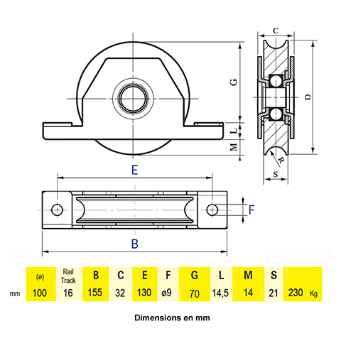 Roulette  encastrer 100mm avec gorge en U acier pour tube 80x40mm A encastrer Roulette