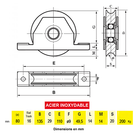 Roulette INOX  encastrer 80mm gorge en U pour portails coulissants A encastrer Roulette