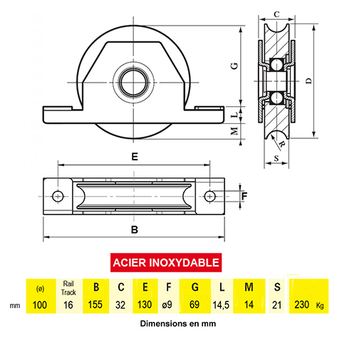 Roulette INOX  encastrer 100mm gorge en U pour portails coulissants A encastrer Roulette