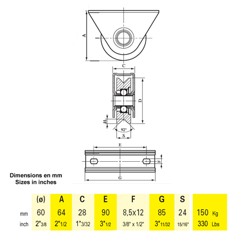 Roulette acier  visser  gorge en V 60mm A visser Roulette