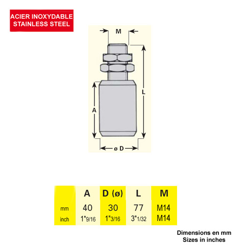 Galet de guidage inox 30x77mm axe M14 pour guidage de portails coulissants Galet INOX Guidage 