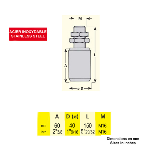 Galet de guidage inox 40x150mm axe M16 pour guidage de portails coulissants Galet INOX Guidage