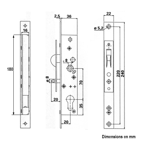 Serrure  crochet  encastrer pour portail coulissant tube 40x40mm A encastrer Serrures