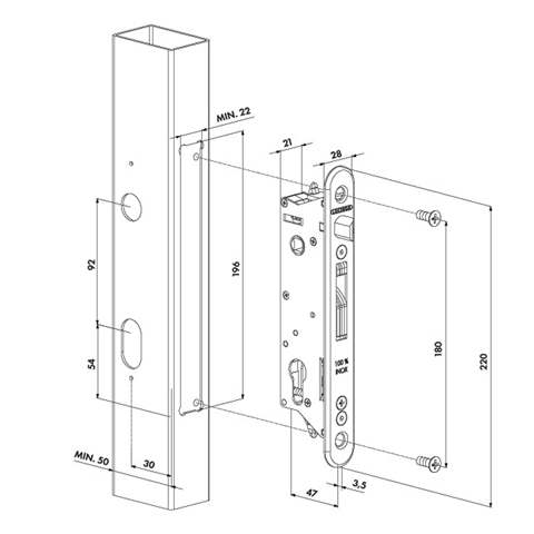 Serrure de scurit INOX pne rversible tube de 50x50mm  ajuster Serrures Locinox