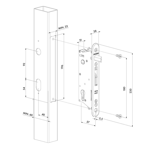 Serrure de scurit INOX pne rversible tube de 60x60mm  ajuster Serrures Locinox