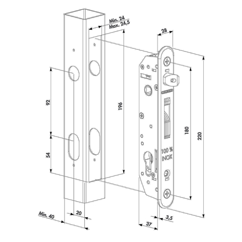 Serrure de scurit INOX pne rversible 40x40mm minimum  ajuster Serrures Locinox