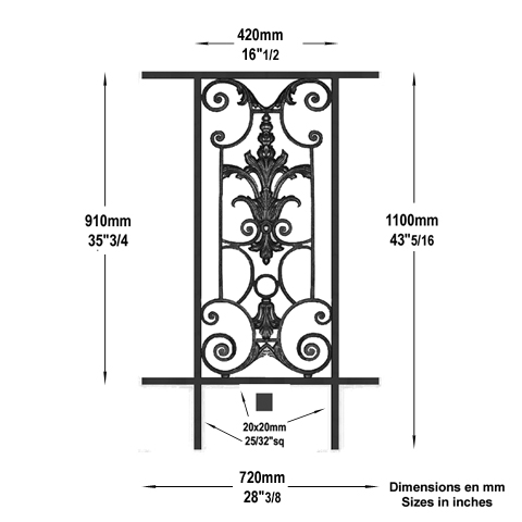 Garde-corps Amboise longueur 720mm hauteur 1100mm Balustrade AMBOISE Balustrade en fonte