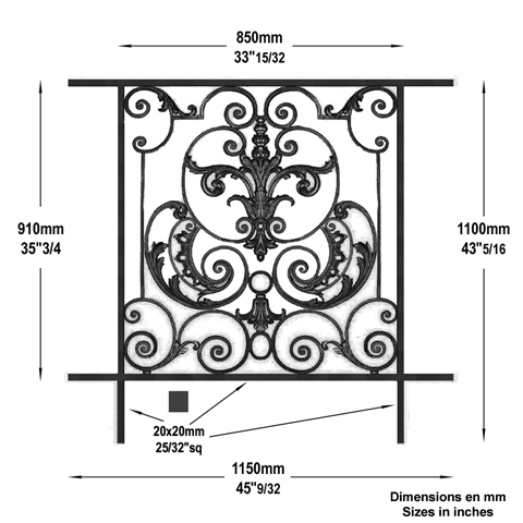 Garde-corps Amboise longueur 1150mm hauteur 1100mm Balustrade AMBOISE Balustrade en fonte