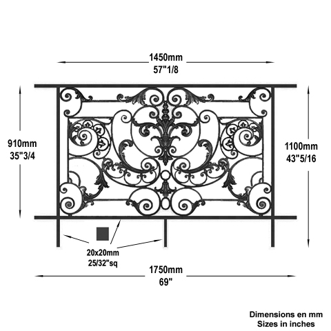 Garde-corps Amboise longueur 1750mm hauteur 1100mm Balustrade AMBOISE Balustrade en fonte