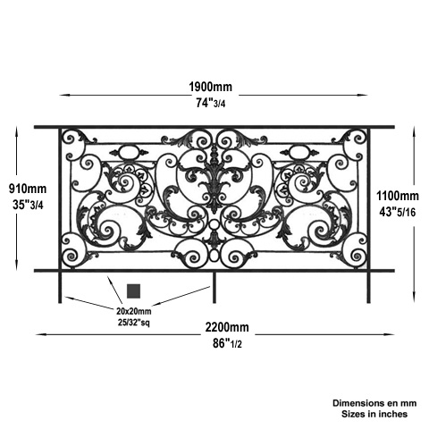 Garde-corps Amboise longueur 2200mm hauteur 1100mm Balustrade AMBOISE Balustrade en fonte