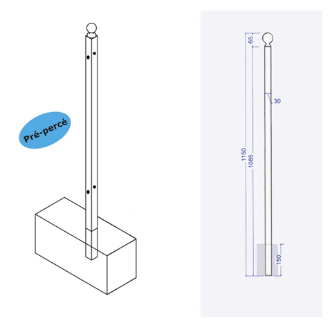 Poteau d`angle a sceller 1150mm Trous entr`axe court Poteau  sceller