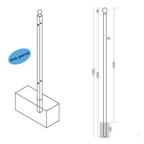 Poteau de cloture Linear  sceller 1350mm Trous entr`axe court Poteau  sceller