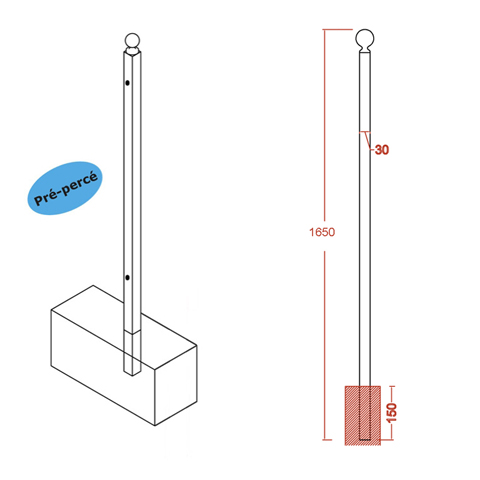 Poteau de cloture Linear  sceller 1650mm Trous entr`axe court Poteau  sceller