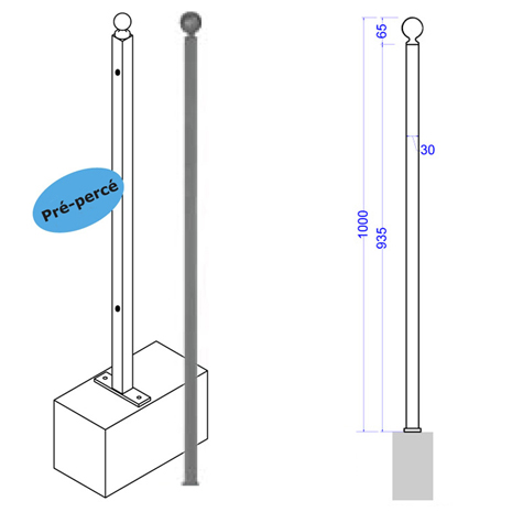 Poteau de cloture  fixer 1000mm Trous entr`axe court Poteau  fixer