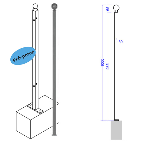 Poteau d`angle de cloture  fixer 1000mm Trous entr`axe court Poteau  fixer