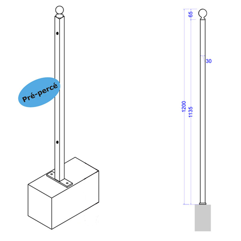 Poteau de cloture  fixer 1200mm Trous entr`axe court Poteau  fixer