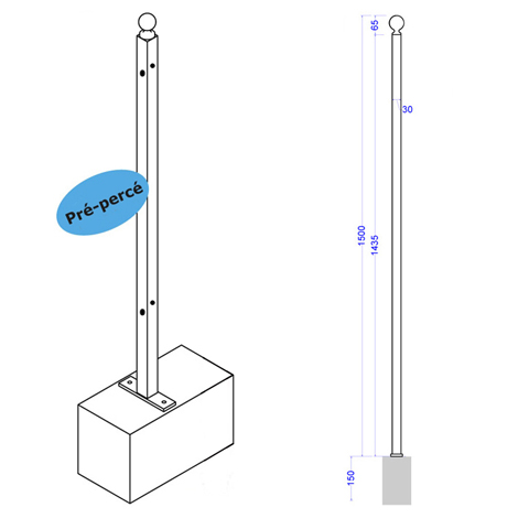 Poteau d`angle de cloture  fixer 1500mm Trous entr`axe court Poteau  fixer