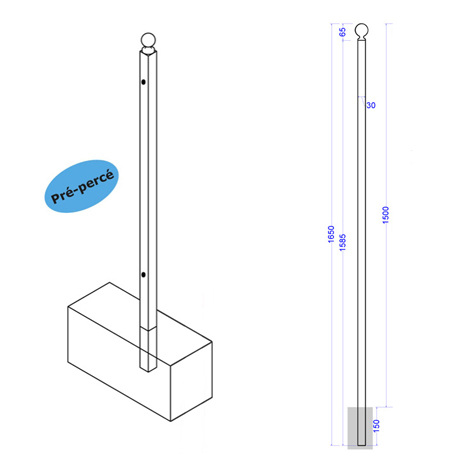 Poteau de cloture Linear a sceller 1650mm Trous entr`axe moyen Poteau  sceller