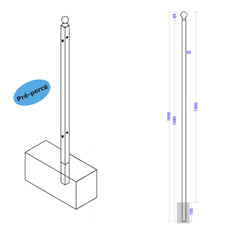 Poteau d`angle de cloture Linear a sceller 1650mm Trous entr`axe moyen Poteau  sceller