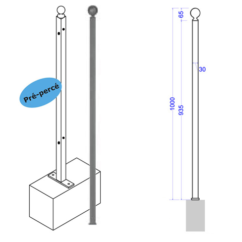 Poteau d`angle de cloture  fixer 1000mm Trous entr`axe moyen Poteau  fixer