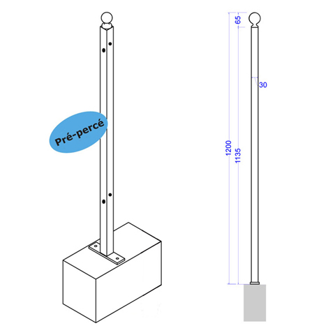 Poteau d`angle de cloture  fixer 1200mm Trous entr`axe moyen Poteau  fixer