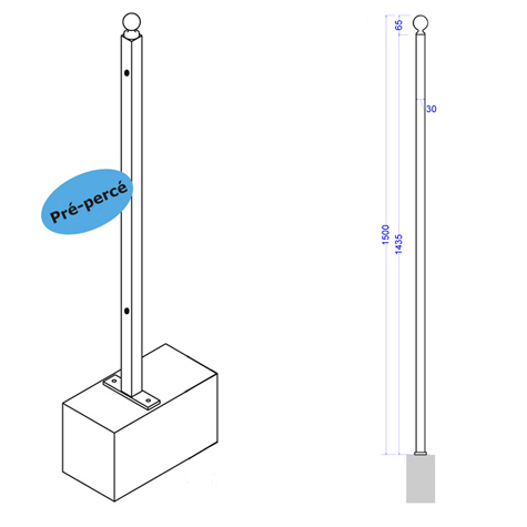 Poteau de cloture  fixer 1500mm Trous entr`axe moyen Poteau  fixer