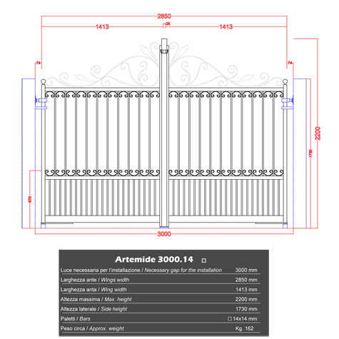 Portail ARTEMIDE 3m 14x14mm structure  manuelle ouverture manuelle Portail ARTEMIDE