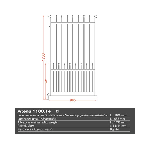 Portillon ATENA 1,1m 14x14mm avec poteaux AVEC ou SANS poteaux 14x14 Portillon ATENA