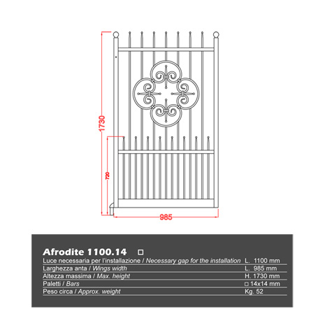 Portillon AFRODITE 1,1m 14x14mm avec poteaux AVEC ou SANS poteaux Portillon AFRODITE