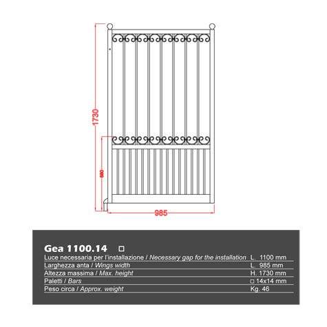 Portillon GEA 1,1m 14x14mm avec poteaux AVEC ou SANS poteaux Portillon GEA