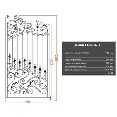 Portillon DIANA 1,1m 12x12mm avec poteaux AVEC ou SANS poteaux Portillon DIANA