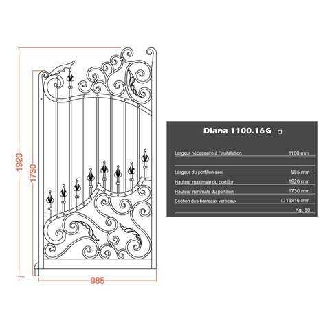 Portillon DIANA 1,1m 16x16mm sans poteaux AVEC ou SANS poteaux Portillon DIANA