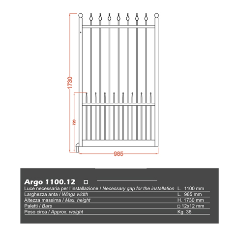 Portillon ARGO 1,1m 12x12mm avec poteaux AVEC ou SANS poteaux Portillon ARGO