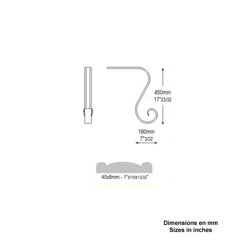 Crosse de dpart 40x8mm longueur 450x180mm acier profil Crosse Main courante profile