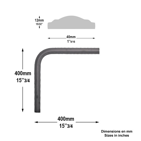 Coude de main courante 40x12mm longueur 400mm en acier moulur 400x400mm Acier Main courante mo