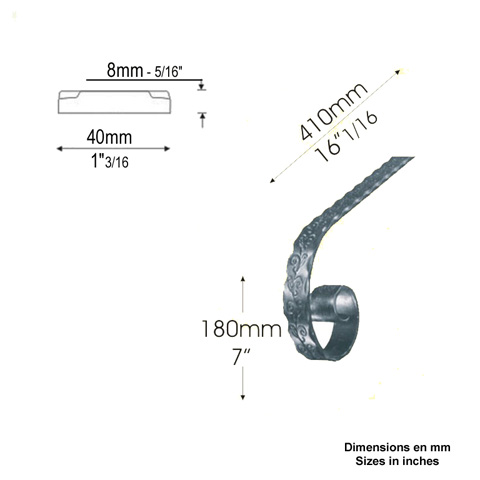 Crosse acier martel 40x8mm Crosse Main courante martele