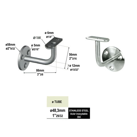 Equerre de rampe - Support mural fixe pour rampe 48,3mm INOX304 Support mural coud pour INOX 