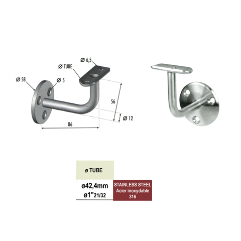 Equerre de rampe - Support mural fixe pour rampe 42,4mm INOX316 Support mural coud pour INOX 