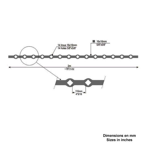Barres 16x16mm 14 trous renfls 16x16mm losanges pour clotures et grilles de dfenses Barre  t