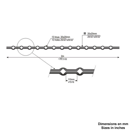 Barre 20x20mm losange 13 trous 20x20mm renfls losange pour clotures et grilles de dfenses Bar