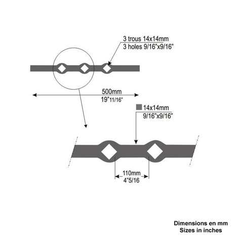 Barres 14x14mm 3 trous losange 14x14mm renfls longueur 50cm pour grilles de dfense Barre  tr